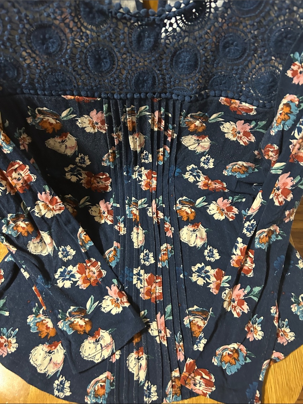 Daniel Rainn Navy Floral Lace-Yoke Pintuck Blouse - Picture 5 of 6